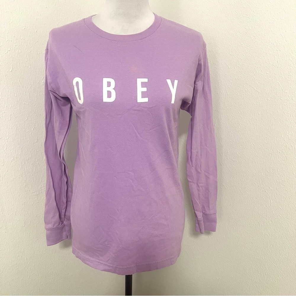 Urban Outfitters OBEY Long Sleeve Logo Shirt Size Small Lavender 100% Cotton